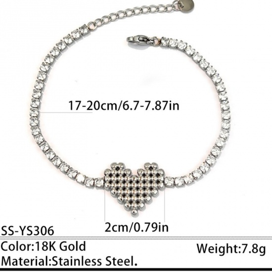 Picture of Wholesale Heart Clear Cubic Zirconia 304 Stainless Steel Tennis Bracelet, Silver Tone Eco-friendly, Women's Valentine's Day Stylish Gift Jewelry Supply, 17cm(6.7") + 3cm(1.2") long, 1 Piece