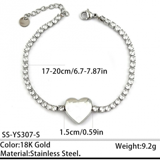 Picture of Wholesale Heart Clear Cubic Zirconia 304 Stainless Steel Tennis Bracelet, Silver Tone Eco-friendly, Women's Valentine's Day Stylish Gift Jewelry Supply, 17cm(6.7") + 3cm(1.2") long, 1 Piece