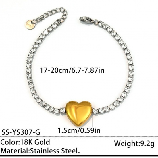 Picture of Wholesale Heart Clear Cubic Zirconia 304 Stainless Steel Tennis Bracelet, Silver Tone & 18K Gold Plated Eco-friendly, Women's Valentine's Day Stylish Gift Jewelry Supply, 17cm(6.7") + 3cm(1.2") long, 1 Piece