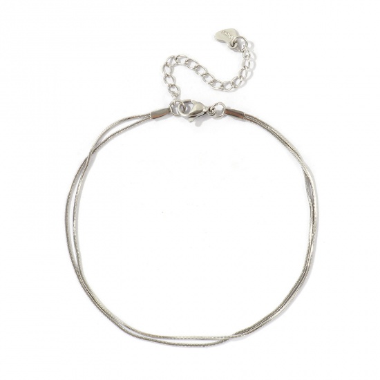 Imagen de 304 Acero Inoxidable Cadena Serpenteada Cuadrada Pulsera de Tobillo Doble Capa Al Por Mayor, Tono de Plata Respetuoso del Medio Ambiente, Mujeres Exquisito Elegante Regalo Suministro de Joyería, 22cm + 5cm longitud, Tamaño de la Cadena: 1mm, 1 Unidad