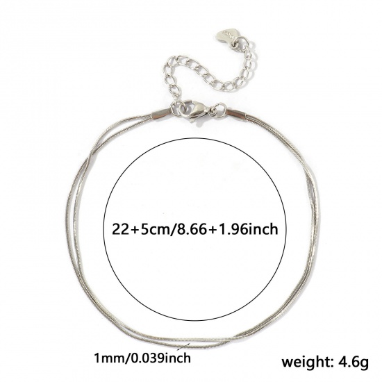 Imagen de 304 Acero Inoxidable Cadena Serpenteada Cuadrada Pulsera de Tobillo Doble Capa Al Por Mayor, Tono de Plata Respetuoso del Medio Ambiente, Mujeres Exquisito Elegante Regalo Suministro de Joyería, 22cm + 5cm longitud, Tamaño de la Cadena: 1mm, 1 Unidad