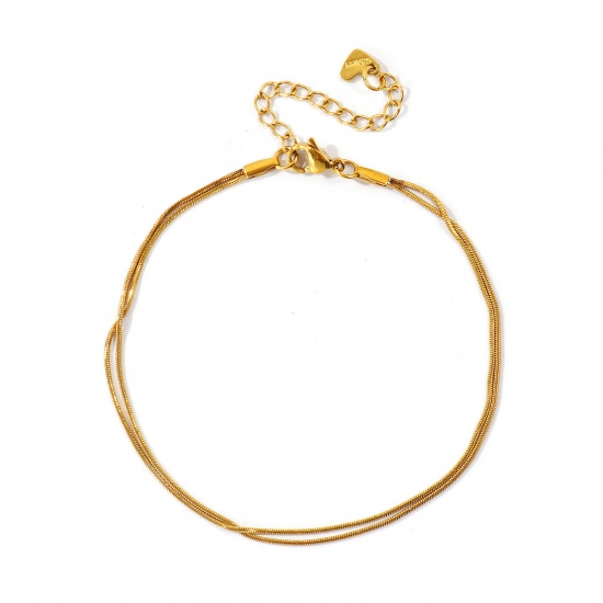 Imagen de 304 Acero Inoxidable Cadena Serpenteada Cuadrada Pulsera de Tobillo Doble Capa Al Por Mayor, 18K Oro Real Chapado PVD Ecológico Impermeable Antioxidante Hipoalergénico, Mujeres Exquisito Elegante Regalo Suministro de Joyería, 22cm + 5cm longitud, Tamaño de la Cadena: 1mm, 1 Unidad