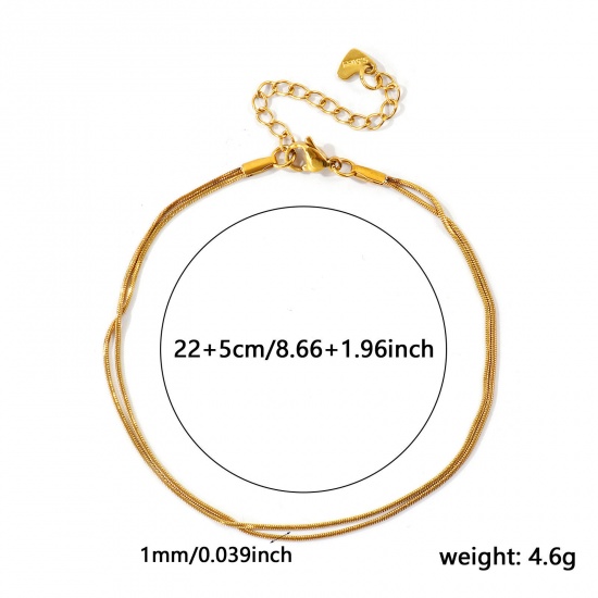 Imagen de 304 Acero Inoxidable Cadena Serpenteada Cuadrada Pulsera de Tobillo Doble Capa Al Por Mayor, 18K Oro Real Chapado PVD Ecológico Impermeable Antioxidante Hipoalergénico, Mujeres Exquisito Elegante Regalo Suministro de Joyería, 22cm + 5cm longitud, Tamaño de la Cadena: 1mm, 1 Unidad