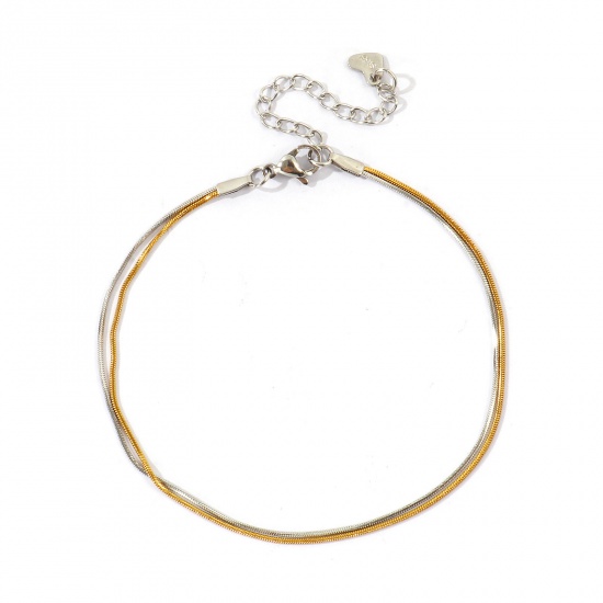 Imagen de Dos Colores 304 Acero Inoxidable Cadena Serpenteada Cuadrada Pulsera de Tobillo Doble Capa Al Por Mayor, 18K Oro Real Chapado & Tono de Plata PVD Ecológico Impermeable Antioxidante Hipoalergénico, Mujeres Exquisito Elegante Regalo Suministro de Joyería, 22cm + 5cm longitud, Tamaño de la Cadena: 1mm