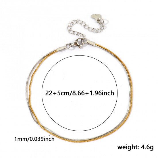 Imagen de Dos Colores 304 Acero Inoxidable Cadena Serpenteada Cuadrada Pulsera de Tobillo Doble Capa Al Por Mayor, 18K Oro Real Chapado & Tono de Plata PVD Ecológico Impermeable Antioxidante Hipoalergénico, Mujeres Exquisito Elegante Regalo Suministro de Joyería, 22cm + 5cm longitud, Tamaño de la Cadena: 1mm