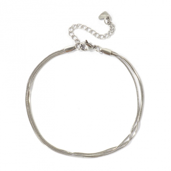 Imagen de 304 Acero Inoxidable Cadena Serpenteada Cuadrada Pulsera de Tobillo Triple Capa Al Por Mayor, Tono de Plata Respetuoso del Medio Ambiente, Mujeres Exquisito Elegante Regalo Suministro de Joyería, 22cm + 5cm longitud, Tamaño de la Cadena: 1mm, 1 Unidad