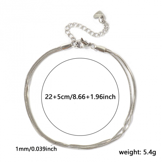 Imagen de 304 Acero Inoxidable Cadena Serpenteada Cuadrada Pulsera de Tobillo Triple Capa Al Por Mayor, Tono de Plata Respetuoso del Medio Ambiente, Mujeres Exquisito Elegante Regalo Suministro de Joyería, 22cm + 5cm longitud, Tamaño de la Cadena: 1mm, 1 Unidad