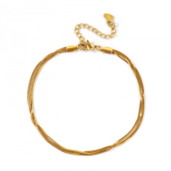 Imagen de 304 Acero Inoxidable Cadena Serpenteada Cuadrada Pulsera de Tobillo Triple Capa Al Por Mayor, 18K Oro Real Chapado PVD Ecológico Impermeable Antioxidante Hipoalergénico, Mujeres Exquisito Elegante Regalo Suministro de Joyería, 22cm + 5cm longitud, Tamaño de la Cadena: 1mm, 1 Unidad