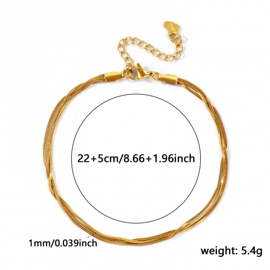 Imagen de 304 Acero Inoxidable Cadena Serpenteada Cuadrada Pulsera de Tobillo Triple Capa Al Por Mayor, 18K Oro Real Chapado PVD Ecológico Impermeable Antioxidante Hipoalergénico, Mujeres Exquisito Elegante Regalo Suministro de Joyería, 22cm + 5cm longitud, Tamaño de la Cadena: 1mm, 1 Unidad