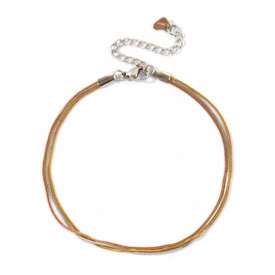 Imagen de Dos Colores 304 Acero Inoxidable Cadena Serpenteada Cuadrada Pulsera de Tobillo Triple Capa Al Por Mayor, 18K Oro Real Chapado & Tono de Plata PVD Ecológico Impermeable Antioxidante Hipoalergénico, Mujeres Exquisito Elegante Regalo Suministro de Joyería, 22cm + 5cm longitud, Tamaño de la Cadena: 1mm