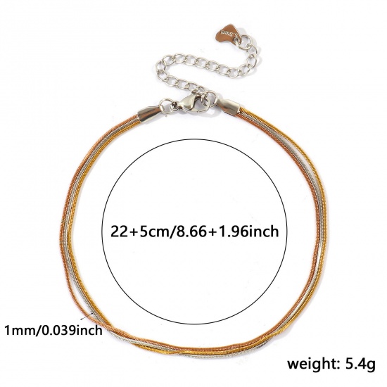 Imagen de Dos Colores 304 Acero Inoxidable Cadena Serpenteada Cuadrada Pulsera de Tobillo Triple Capa Al Por Mayor, 18K Oro Real Chapado & Tono de Plata PVD Ecológico Impermeable Antioxidante Hipoalergénico, Mujeres Exquisito Elegante Regalo Suministro de Joyería, 22cm + 5cm longitud, Tamaño de la Cadena: 1mm