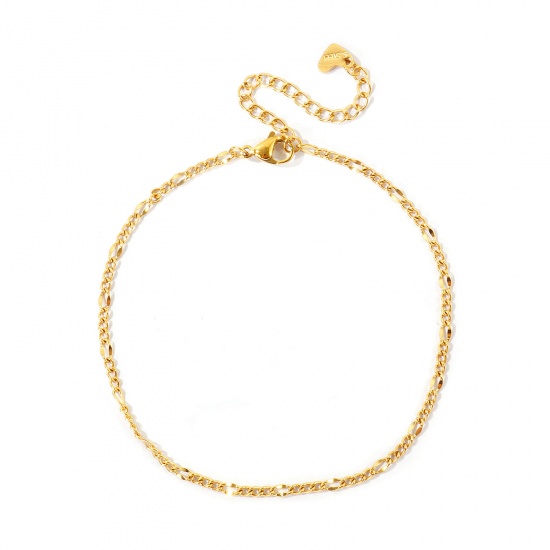 Imagen de 304 Acero Inoxidable Cadenas de Curb Tobilleras Al Por Mayor, 18K Oro Real Chapado PVD Ecológico Impermeable Antioxidante Hipoalergénico, Mujeres Exquisito Elegante Regalo Suministro de Joyería, 22cm + 5cm longitud, Tamaño de la Cadena: 2.5mm, 1 Unidad