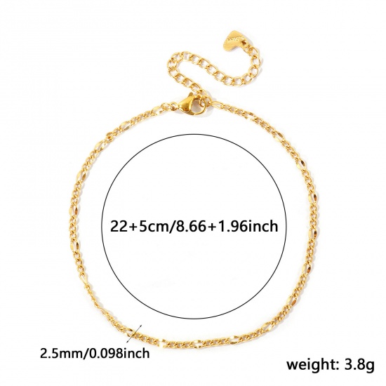 Imagen de 304 Acero Inoxidable Cadenas de Curb Tobilleras Al Por Mayor, 18K Oro Real Chapado PVD Ecológico Impermeable Antioxidante Hipoalergénico, Mujeres Exquisito Elegante Regalo Suministro de Joyería, 22cm + 5cm longitud, Tamaño de la Cadena: 2.5mm, 1 Unidad