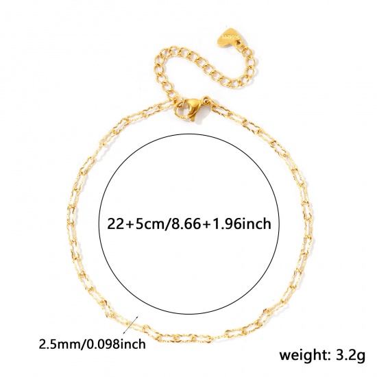 Imagen de 304 Acero Inoxidable Catena di Fermagli Tobilleras Al Por Mayor, 18K Oro Real Chapado PVD Ecológico Impermeable Antioxidante Hipoalergénico, Mujeres Exquisito Elegante Regalo Suministro de Joyería, 22cm + 5cm longitud, Tamaño de la Cadena: 2.5mm, 1 Unidad