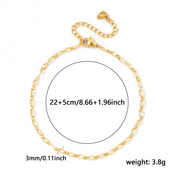 Imagen de 304 Acero Inoxidable 1:1 Cadena Tobilleras Al Por Mayor, 18K Oro Real Chapado PVD Ecológico Impermeable Antioxidante Hipoalergénico, Mujeres Exquisito Elegante Regalo Suministro de Joyería, 22cm + 5cm longitud, Tamaño de la Cadena: 3mm, 1 Unidad