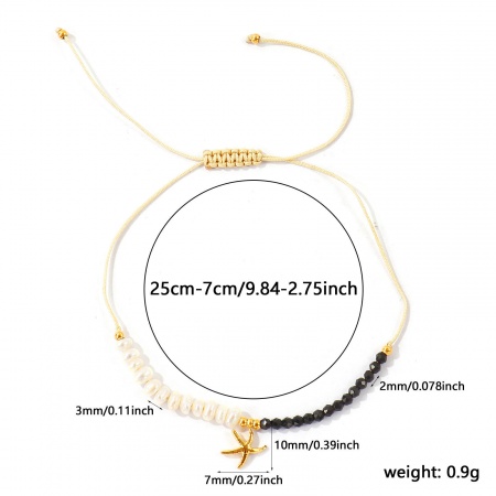 Imagen de Estrella de mar Negro Con Cuentas 304 Acero Inoxidable & Gema Pulsera de Tobillo Trenzada Ajustable Al Por Mayor, Chapado en Oro de 18K PVD Ecológico, Mujeres Joyería del océano Elegante Regalo Suministro de Joyería, 25cm - 7cm longitud, 1 Unidad