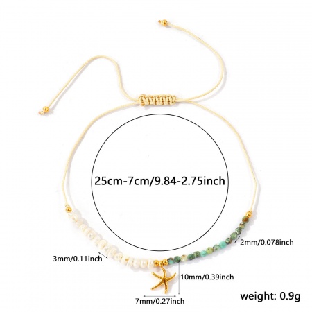 Imagen de Estrella de mar Verde Con Cuentas 304 Acero Inoxidable & Gema Pulsera de Tobillo Trenzada Ajustable Al Por Mayor, Chapado en Oro de 18K PVD Ecológico, Mujeres Joyería del océano Elegante Regalo Suministro de Joyería, 25cm - 7cm longitud, 1 Unidad