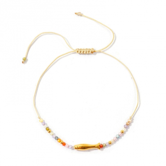 Imagen de Pez Multicolor Con Cuentas 304 Acero Inoxidable & Circón Artificial Pulsera de Tobillo Trenzada Ajustable Al Por Mayor, Chapado en Oro de 18K PVD Ecológico, Mujeres Joyería del océano Elegante Regalo Suministro de Joyería, 25cm - 7cm longitud, 1 Unidad