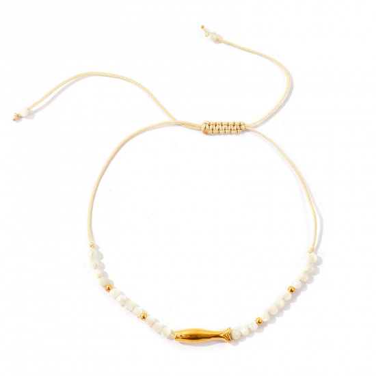 Imagen de Pez Blanco Con Cuentas 304 Acero Inoxidable & Concha Naturales Pulsera de Tobillo Trenzada Ajustable Al Por Mayor, Chapado en Oro de 18K PVD Ecológico, Mujeres Joyería del océano Elegante Regalo Suministro de Joyería, 25cm - 7cm longitud, 1 Unidad