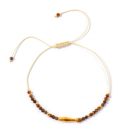 Imagen de Pez Marrón Con Cuentas 304 Acero Inoxidable & Gema Pulsera de Tobillo Trenzada Ajustable Al Por Mayor, Chapado en Oro de 18K PVD Ecológico, Mujeres Joyería del océano Elegante Regalo Suministro de Joyería, 25cm - 7cm longitud, 1 Unidad