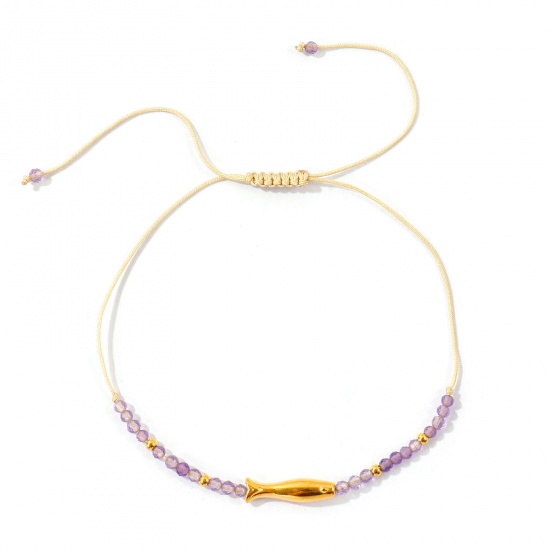 Imagen de Pez Púrpura Con Cuentas 304 Acero Inoxidable & Gema Pulsera de Tobillo Trenzada Ajustable Al Por Mayor, Chapado en Oro de 18K PVD Ecológico, Mujeres Joyería del océano Elegante Regalo Suministro de Joyería, 25cm - 7cm longitud, 1 Unidad