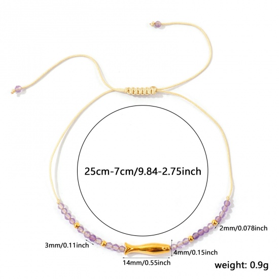 Imagen de Pez Púrpura Con Cuentas 304 Acero Inoxidable & Gema Pulsera de Tobillo Trenzada Ajustable Al Por Mayor, Chapado en Oro de 18K PVD Ecológico, Mujeres Joyería del océano Elegante Regalo Suministro de Joyería, 25cm - 7cm longitud, 1 Unidad
