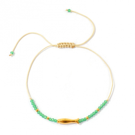 Imagen de Pez Verde Esmeralda Con Cuentas 304 Acero Inoxidable & Gema Pulsera de Tobillo Trenzada Ajustable Al Por Mayor, Chapado en Oro de 18K PVD Ecológico, Mujeres Joyería del océano Elegante Regalo Suministro de Joyería, 25cm - 7cm longitud, 1 Unidad