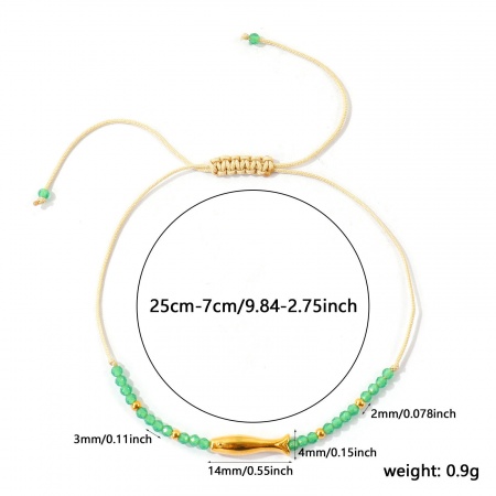 Imagen de Pez Verde Esmeralda Con Cuentas 304 Acero Inoxidable & Gema Pulsera de Tobillo Trenzada Ajustable Al Por Mayor, Chapado en Oro de 18K PVD Ecológico, Mujeres Joyería del océano Elegante Regalo Suministro de Joyería, 25cm - 7cm longitud, 1 Unidad