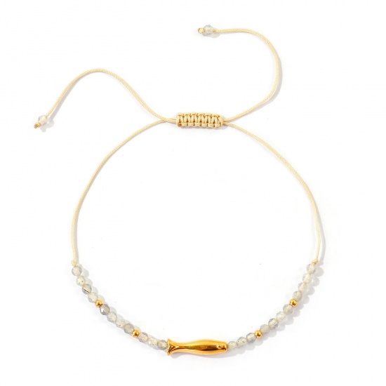 Imagen de Pez Gris Con Cuentas 304 Acero Inoxidable & Gema Pulsera de Tobillo Trenzada Ajustable Al Por Mayor, Chapado en Oro de 18K PVD Ecológico, Mujeres Joyería del océano Elegante Regalo Suministro de Joyería, 25cm - 7cm longitud, 1 Unidad
