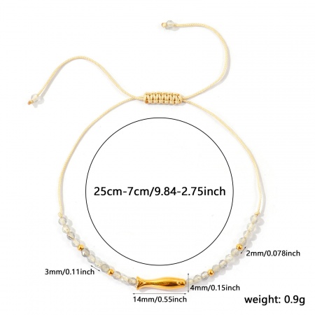 Imagen de Pez Gris Con Cuentas 304 Acero Inoxidable & Gema Pulsera de Tobillo Trenzada Ajustable Al Por Mayor, Chapado en Oro de 18K PVD Ecológico, Mujeres Joyería del océano Elegante Regalo Suministro de Joyería, 25cm - 7cm longitud, 1 Unidad