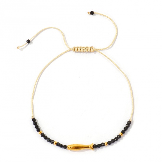 Imagen de Pez Negro Con Cuentas 304 Acero Inoxidable & Gema Pulsera de Tobillo Trenzada Ajustable Al Por Mayor, Chapado en Oro de 18K PVD Ecológico, Mujeres Joyería del océano Elegante Regalo Suministro de Joyería, 25cm - 7cm longitud, 1 Unidad