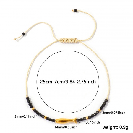 Imagen de Pez Negro Con Cuentas 304 Acero Inoxidable & Gema Pulsera de Tobillo Trenzada Ajustable Al Por Mayor, Chapado en Oro de 18K PVD Ecológico, Mujeres Joyería del océano Elegante Regalo Suministro de Joyería, 25cm - 7cm longitud, 1 Unidad