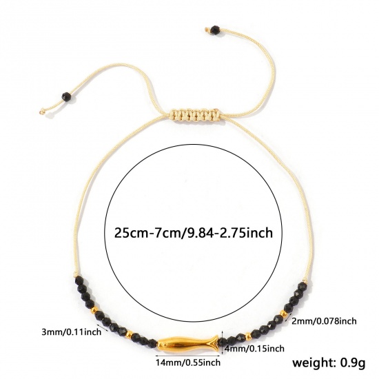 Imagen de Pez Negro Con Cuentas 304 Acero Inoxidable & Gema Pulsera de Tobillo Trenzada Ajustable Al Por Mayor, Chapado en Oro de 18K PVD Ecológico, Mujeres Joyería del océano Elegante Regalo Suministro de Joyería, 25cm - 7cm longitud, 1 Unidad