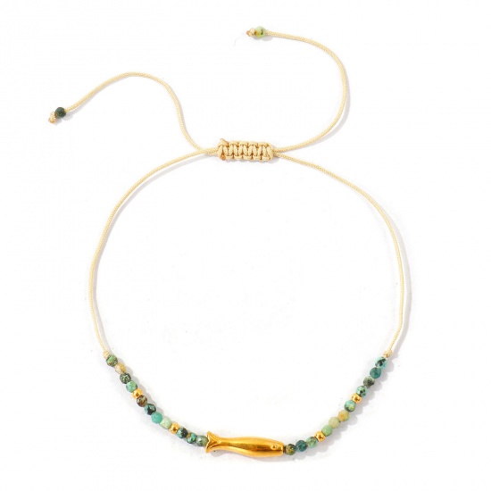 Imagen de Pez Verde Con Cuentas 304 Acero Inoxidable & Gema Pulsera de Tobillo Trenzada Ajustable Al Por Mayor, Chapado en Oro de 18K PVD Ecológico, Mujeres Joyería del océano Elegante Regalo Suministro de Joyería, 25cm - 7cm longitud, 1 Unidad