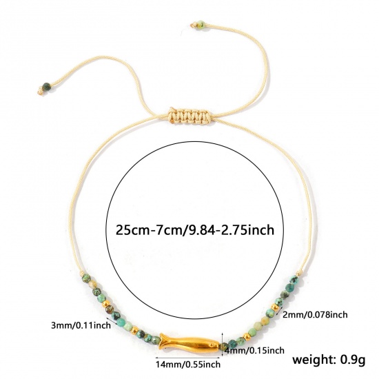 Imagen de Pez Verde Con Cuentas 304 Acero Inoxidable & Gema Pulsera de Tobillo Trenzada Ajustable Al Por Mayor, Chapado en Oro de 18K PVD Ecológico, Mujeres Joyería del océano Elegante Regalo Suministro de Joyería, 25cm - 7cm longitud, 1 Unidad