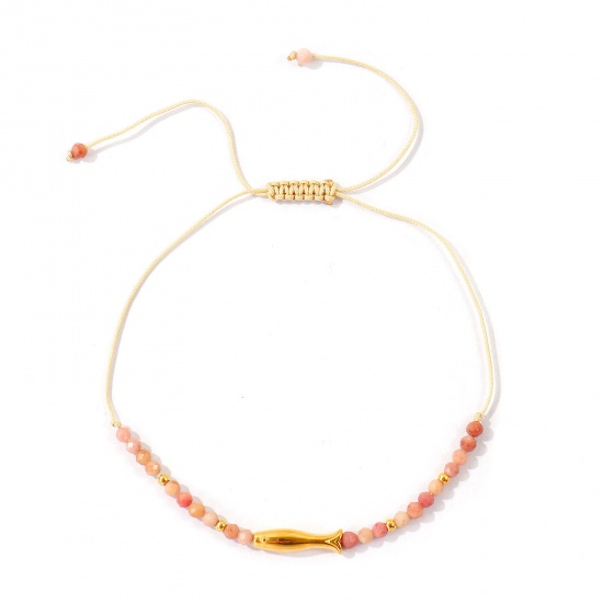 Imagen de Pez Rosado Con Cuentas 304 Acero Inoxidable & Gema Pulsera de Tobillo Trenzada Ajustable Al Por Mayor, Chapado en Oro de 18K PVD Ecológico, Mujeres Joyería del océano Elegante Regalo Suministro de Joyería, 25cm - 7cm longitud, 1 Unidad