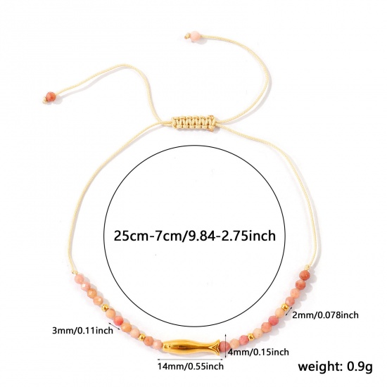 Imagen de Pez Rosado Con Cuentas 304 Acero Inoxidable & Gema Pulsera de Tobillo Trenzada Ajustable Al Por Mayor, Chapado en Oro de 18K PVD Ecológico, Mujeres Joyería del océano Elegante Regalo Suministro de Joyería, 25cm - 7cm longitud, 1 Unidad