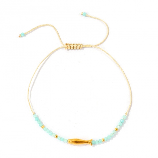 Imagen de Pez Verde Claro Con Cuentas 304 Acero Inoxidable & Gema Pulsera de Tobillo Trenzada Ajustable Al Por Mayor, Chapado en Oro de 18K PVD Ecológico, Mujeres Joyería del océano Elegante Regalo Suministro de Joyería, 25cm - 7cm longitud, 1 Unidad