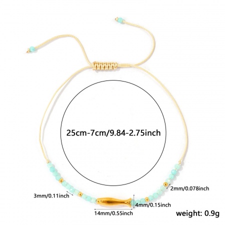 Imagen de Pez Verde Claro Con Cuentas 304 Acero Inoxidable & Gema Pulsera de Tobillo Trenzada Ajustable Al Por Mayor, Chapado en Oro de 18K PVD Ecológico, Mujeres Joyería del océano Elegante Regalo Suministro de Joyería, 25cm - 7cm longitud, 1 Unidad