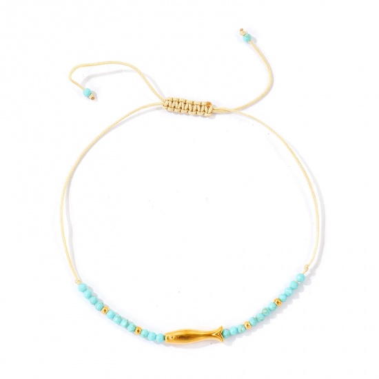 Imagen de Pez Verde Azul Con Cuentas 304 Acero Inoxidable & Gema Pulsera de Tobillo Trenzada Ajustable Al Por Mayor, Chapado en Oro de 18K PVD Ecológico, Mujeres Joyería del océano Elegante Regalo Suministro de Joyería, 25cm - 7cm longitud, 1 Unidad