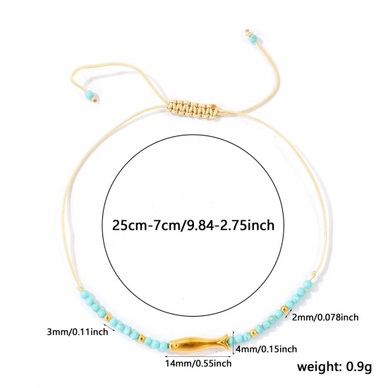 Imagen de Pez Verde Azul Con Cuentas 304 Acero Inoxidable & Gema Pulsera de Tobillo Trenzada Ajustable Al Por Mayor, Chapado en Oro de 18K PVD Ecológico, Mujeres Joyería del océano Elegante Regalo Suministro de Joyería, 25cm - 7cm longitud, 1 Unidad