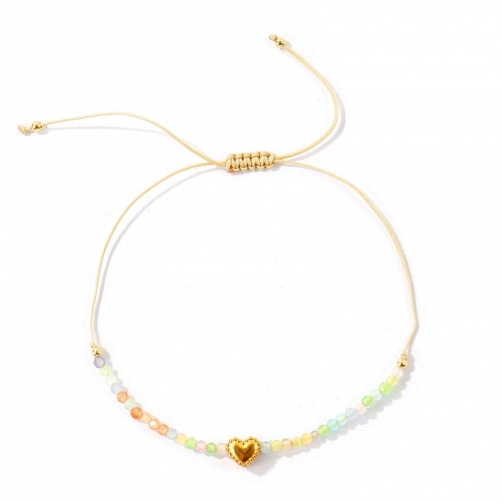Imagen de Corazón Multicolor Con Cuentas 304 Acero Inoxidable & Circón Artificial Pulsera de Tobillo Trenzada Ajustable Al Por Mayor, Chapado en Oro de 18K PVD Ecológico, Mujeres día de San Valentín Elegante Regalo Suministro de Joyería, 26cm - 8cm longitud, 1 Unidad