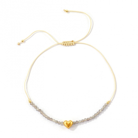 Imagen de Corazón Gris Con Cuentas 304 Acero Inoxidable & Gema Pulsera de Tobillo Trenzada Ajustable Al Por Mayor, Chapado en Oro de 18K PVD Ecológico, Mujeres día de San Valentín Elegante Regalo Suministro de Joyería, 26cm - 8cm longitud, 1 Unidad