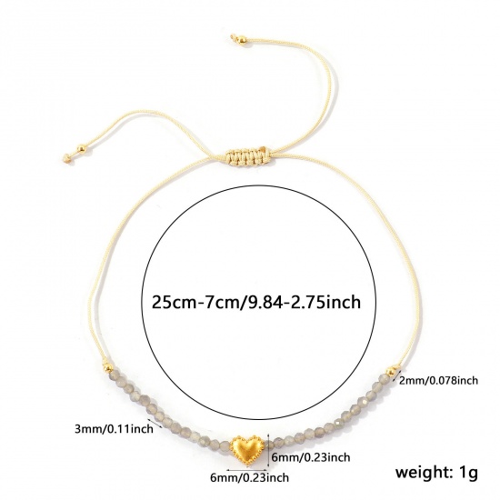 Imagen de Corazón Gris Con Cuentas 304 Acero Inoxidable & Gema Pulsera de Tobillo Trenzada Ajustable Al Por Mayor, Chapado en Oro de 18K PVD Ecológico, Mujeres día de San Valentín Elegante Regalo Suministro de Joyería, 26cm - 8cm longitud, 1 Unidad