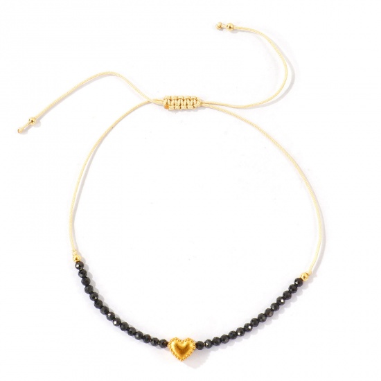 Imagen de Corazón Negro Con Cuentas 304 Acero Inoxidable & Gema Pulsera de Tobillo Trenzada Ajustable Al Por Mayor, Chapado en Oro de 18K PVD Ecológico, Mujeres día de San Valentín Elegante Regalo Suministro de Joyería, 26cm - 8cm longitud, 1 Unidad