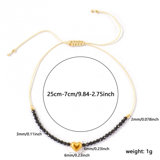 Imagen de Corazón Negro Con Cuentas 304 Acero Inoxidable & Gema Pulsera de Tobillo Trenzada Ajustable Al Por Mayor, Chapado en Oro de 18K PVD Ecológico, Mujeres día de San Valentín Elegante Regalo Suministro de Joyería, 26cm - 8cm longitud, 1 Unidad