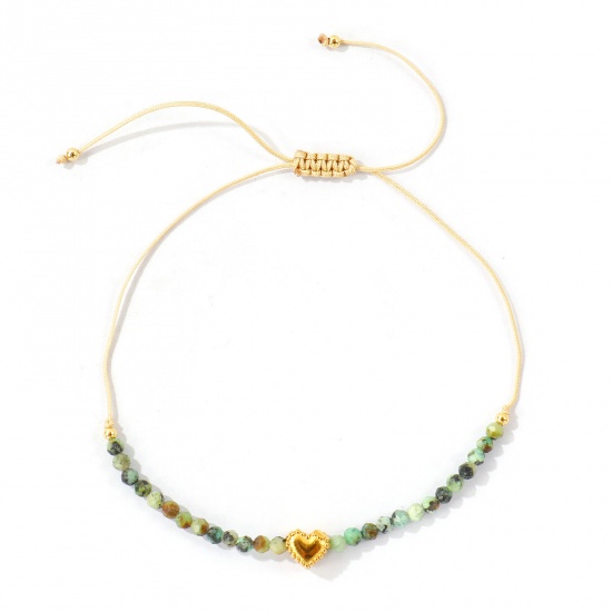 Imagen de Corazón Verde Con Cuentas 304 Acero Inoxidable & Gema Pulsera de Tobillo Trenzada Ajustable Al Por Mayor, Chapado en Oro de 18K PVD Ecológico, Mujeres día de San Valentín Elegante Regalo Suministro de Joyería, 26cm - 8cm longitud, 1 Unidad