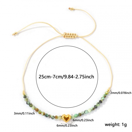 Bild von Großhandel Herz Grün Perlen 304 Edelstahl & Halbedelstein Verstellbares geflochtenes Fußkettchen, 18K Vergoldet Umweltfreundliche PVD, Frauen Valentinstag Stilvoll Geschenk Schmuckbedarf, 26cm - 8cm lang, 1 Strang