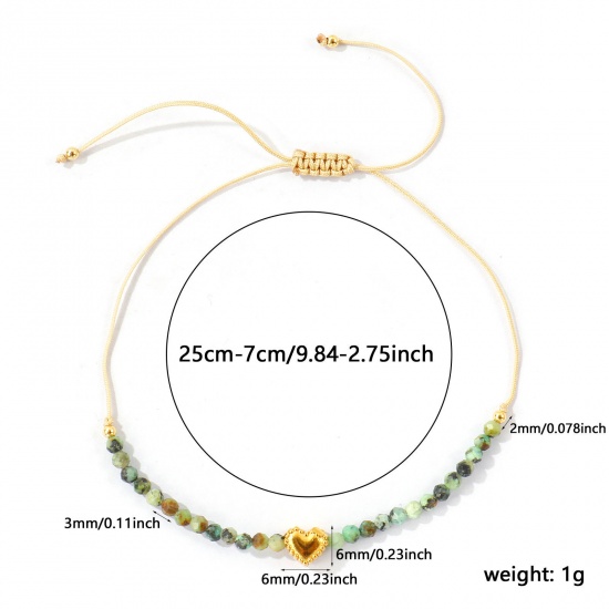 Imagen de Corazón Verde Con Cuentas 304 Acero Inoxidable & Gema Pulsera de Tobillo Trenzada Ajustable Al Por Mayor, Chapado en Oro de 18K PVD Ecológico, Mujeres día de San Valentín Elegante Regalo Suministro de Joyería, 26cm - 8cm longitud, 1 Unidad