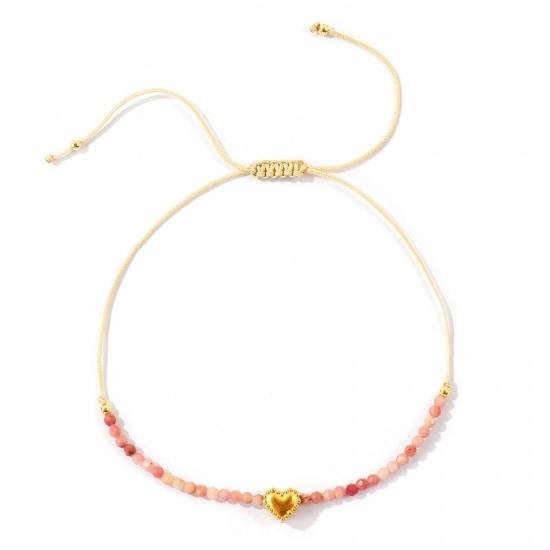 Imagen de Corazón Rosado Con Cuentas 304 Acero Inoxidable & Gema Pulsera de Tobillo Trenzada Ajustable Al Por Mayor, Chapado en Oro de 18K PVD Ecológico, Mujeres día de San Valentín Elegante Regalo Suministro de Joyería, 26cm - 8cm longitud, 1 Unidad